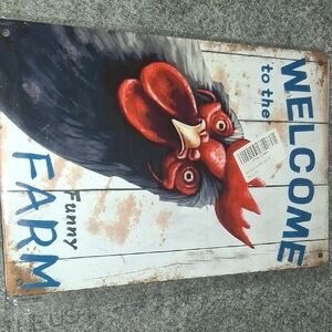 Welcome Funny Farm Rooster Sign - Red & Black